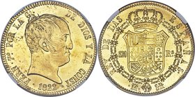 Ferdinand VII gold 320 Reales 1822 M-SR MS62 NGC, Madrid mint, KM566, Onza-1243. De Vellon coinage. Struck on a glistening planchet that nearly drips ...