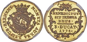 Bern. City gold 3 Ducat 1772 MS64 Prooflike NGC, KM127, Fr-170, HMZ 2-210f. An absolutely exquisite and highly coveted multiple Ducat, firmly prooflik...