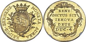 Bern. City gold 4 Ducat ND (c. 1775) MS63+ NGC, KM105.1, Fr-146. Struck on a broad, gleaming flan, with even the most minute portions of the design fu...