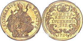 Lucerne. Canton gold 10 Ducat 1714-HL MS63 NGC, KM-G51 (Rare), Fr-308 (Very Rare), cf. Divo-543 (for Taler; notes existence of 10 Ducat), cf. HMZ-2-64...