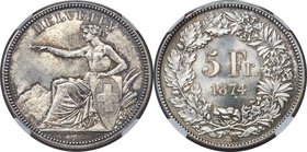 Confederation 5 Francs 1874-B MS67 NGC, Bern mint, KM11, HMZ-2-1197d. A show-stopping specimen at every turn that represents a true anomaly for this "...
