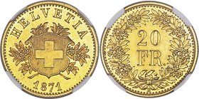 Confederation gold Proof Pattern 20 Francs 1871-B PR64+ NGC, Bern mint, KM-Pn17, HMZ-2-1225a, Divo Proben-9. Very rare, a pattern which predates the c...