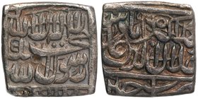 Silver Square Rupee Coin of Akbar of Ujjain Mint.
