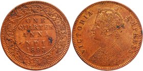 Copper One Quarter Anna Coin of Victoria Empress of Calcutta Mint of 1895.