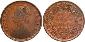 Copper Half Anna Coin of Victoria Queen of Madras Mint of 1862.