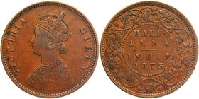 Copper Half Anna Coin of Victoria Queen of Calcutta Mint of 1875.