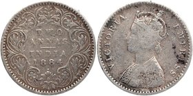 Silver Two Annas Coin of Victoria Empress of Bombay Mint of 1884.