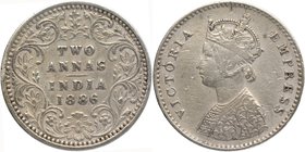 Silver Two Annas Coin of Victoria Empress of Bombay Mint of 1886.