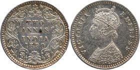 Silver Two Annas Coin of Victoria Empress of Bombay Mint of 1890.