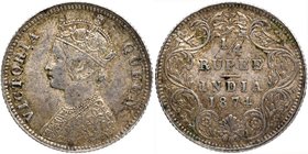 Silver Quarter Rupee Coin of Victoria Queen of Calcutta Mint of 1874.