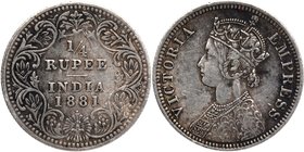 Silver Quarter Rupee Coin of Victoria Empress of Bombay Mint of 1881.