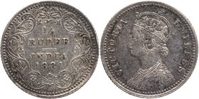 Silver Quarter Rupee Coin of Victoria Empress of Calcutta Mint of 1881.