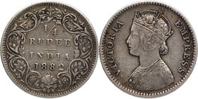 Silver Quarter Rupee Coin of Victoria Empress of Bombay Mint of 1882.