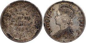 Silver Quarter Rupee Coin of Victoria Empress of Bombay Mint of 1886.