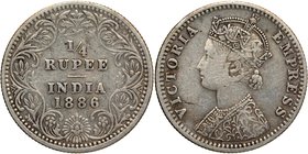Silver Quarter Rupee Coin of Victoria Empress of Calcutta Mint of 1886.