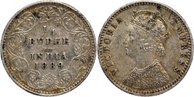 Silver Quarter Rupee Coin of Victoria Empress of Bombay Mint of 1889.