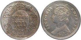 Silver Quarter Rupee Coin of Victoria Empress of Calcutta Mint of 1890.