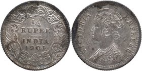 Silver Quarter Rupee Coin of Victoria Empress of Calcutta Mint of 1901.