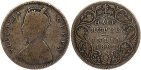 Silver Half Rupee Coin of Victoria Queen of Calcutta Mint of 1862.
