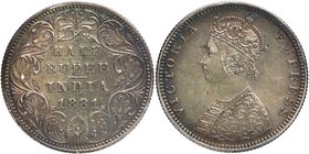 Silver Half Rupee Coin of Victoria Empress of Bombay Mint of 1881.