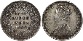 Silver Half Rupee Coin of Victoria Empress of Bombay Mint of 1882.