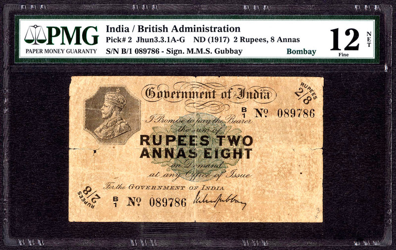 British INDIA Notes
K. G. V.
PMG Graded Rare Two Rupees and Eight Annas Note o...
