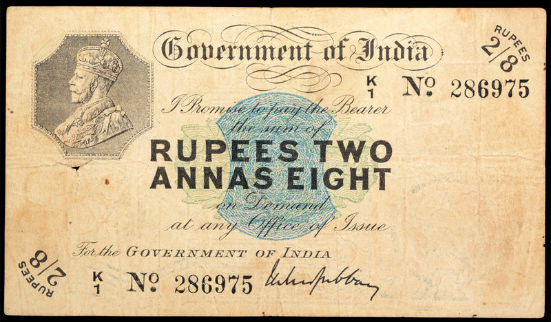 British INDIA Notes
K. G. V.
Rare Two Rupees and Eight Annas Note of King Geor...