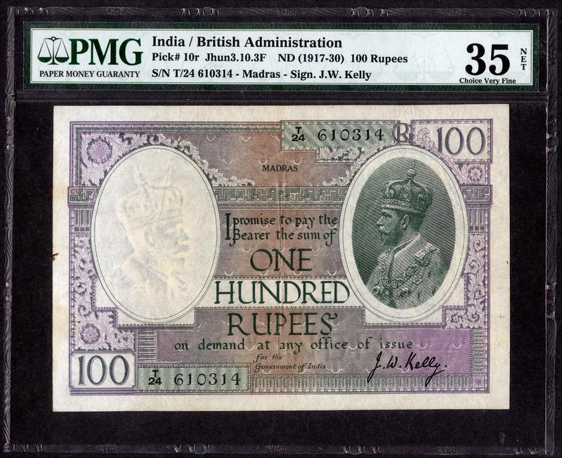 British INDIA Notes
K. G. V.
One Hundred Rupees Note of King George V signed b...