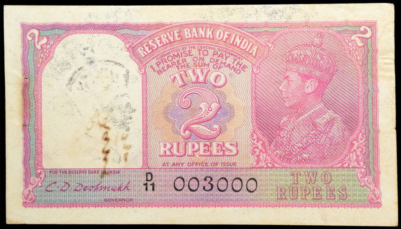 British INDIA Notes
K.G.VI
Two Rupees Bank Note of King George VI signed by C....