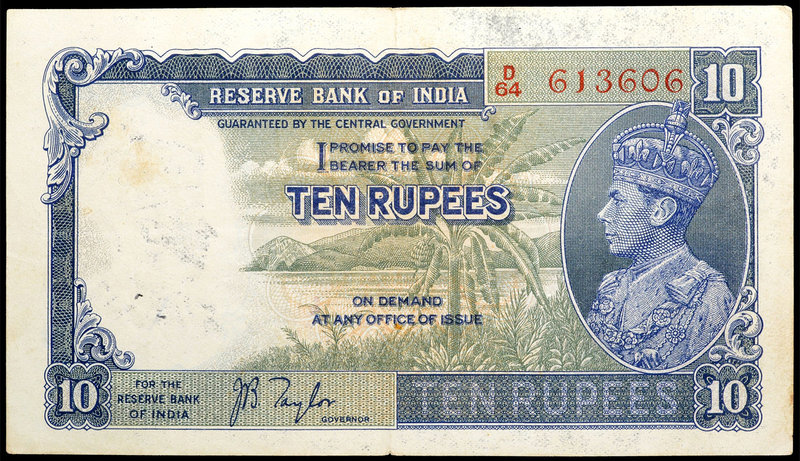 British INDIA Notes
K.G.VI
Ten Rupees Bank Note of King George VI signed by J....