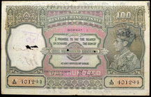 One Hundred Rupees Bank Note of King George VI signed by J.B.Taylor of 1938 of Bombay Circle.