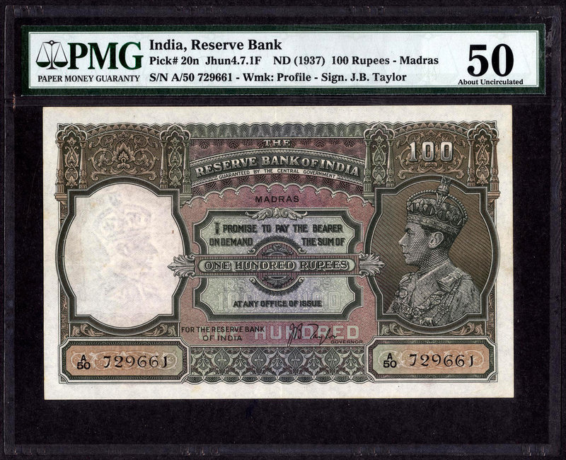 British INDIA Notes
K.G.VI
PMG Graded Rare Madras Circle One Hundred Rupees Ba...