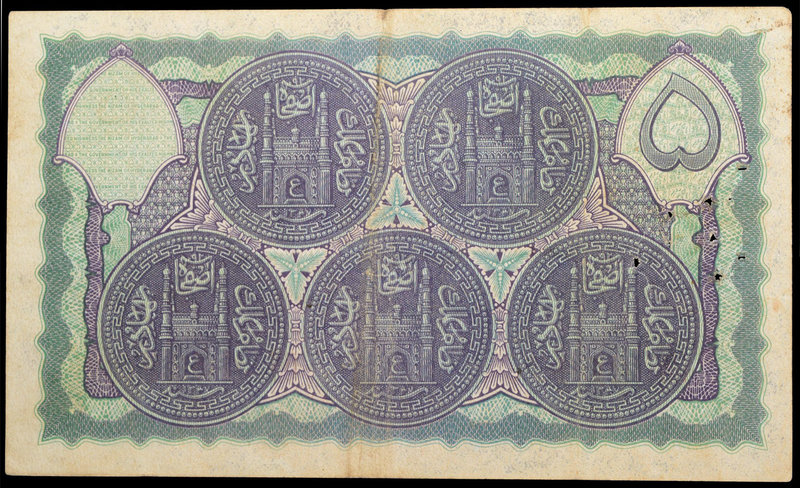 Hyderabad
0005 Rupees
Rare Hyderabad State Five Rupees Note signed by Ghulam M...