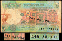 Double Serial Number and misprint Error Five Rupees Bank Note signed by R.N. Malhotra.