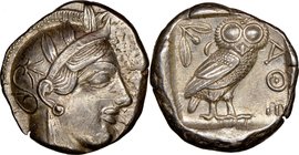 ATTICA. Athens. Ca. 440-404 BC. AR tetradrachm (24mm, 17.19 gm, 2h). NGC AU 4/5 - 4/5. Mid-mass coinage issue. Head of Athena right, wearing crested A...