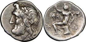 ARCADIAN LEAGUE. Megalopolis. Ca. 195-168 BC. AR triobol or hemidrachm (16mm, 11h). NGC VF, brushed. Laureate head of Zeus left / Pan seated left on r...
