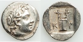 LYCIAN LEAGUE. Cragus. Ca. 1st century BC. AR hemidrachm (14mm, 1.96 gm, 11h). AU. Series 1. Laureate head of Apollo right; Λ-Y below / K-P, cithara (...