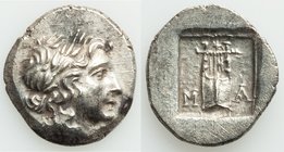 LYCIAN LEAGUE. Masicytes. Ca. 1st century BC. AR hemidrachm (15mm, 2.12 gm, 12h). AU. Series 1. Laureate head of Apollo right; Λ-Y below / M-A, cithar...