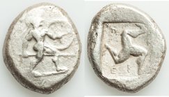 PAMPHYLIA. Aspendus. Ca. mid-5th century BC. AR stater (19mm, 10.84 gm, 1h). About VF. Helmeted nude hoplite advancing right, shield on left arm, spea...