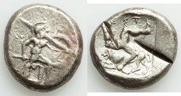PAMPHYLIA. Aspendus. Ca. mid-5th Century BC. AR stater (19mm, 11.02 gm, 5h). VF, test cuts. Helmeted nude hoplite warrior advancing right, shield in l...