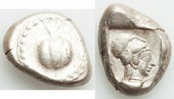 PAMPHYLIA. Side. Ca. 5th century BC. AR stater (21mm, 10.86 gm, 9h). VF. Ca. 430-400 BC. Pomegranate; guilloche beaded border / Head of Athena right, ...
