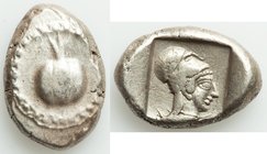 PAMPHYLIA. Side. Ca. 5th century BC. AR stater (16mm, 10.94 gm, 9h). VF. Ca. 430-400 BC. Pomegranate; guilloche beaded border / Head of Athena right, ...