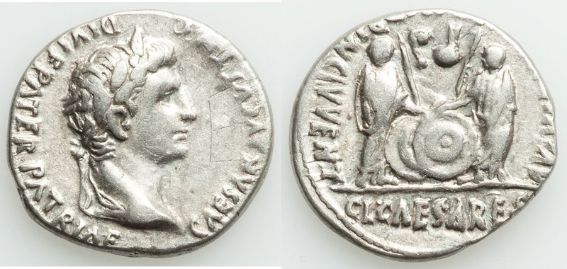 Augustus (27 BC-AD 14). AR denarius (18mm, 3.69 gm, 1h). VF, graffito. Lugdunum,...
