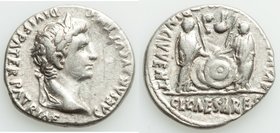 Augustus (27 BC-AD 14). AR denarius (18mm, 3.69 gm, 1h). VF, graffito. Lugdunum, 2 BC-AD 4. CAESAR AVGVSTVS-DIVI F PATER PATRIAE, laureate head of Aug...