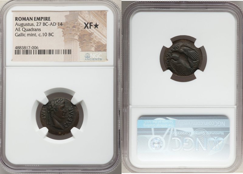 Augustus (27 BC-AD 14). AE quadrans (19mm, 5h). NGC XF S. Gallic military mint, ...