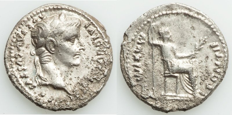 Tiberius (AD 14-37). AR denarius (19mm, 3.53 gm, 12h). XF, horn silver, pitting....