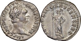 Domitian, as Augustus (AD 81-96). AR denarius (18mm, 5h). NGC XF. Rome, 14 September AD 90-13 September AD 91. IMP CAES DOMIT AVG-GERM P M TR P X, lau...