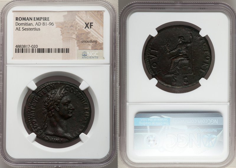 Domitian, as Augustus (AD 81-96). AE sestertius (34mm, 6h). NGC XF, smoothing. R...