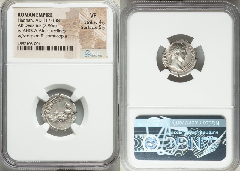 Hadrian (AD 117-138). AR denarius (18mm, 2.96 gm, 6h). NGC VF 4/5 - 5/5. Rome, A...