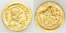 Justin I (AD 518-527). AV solidus (20mm, 4.41 gm, 6h). NGC AU, wavy flan, marks. Constantinople, 10th officina. D N IVSTI-NVS PP AVG, helmeted, cuiras...